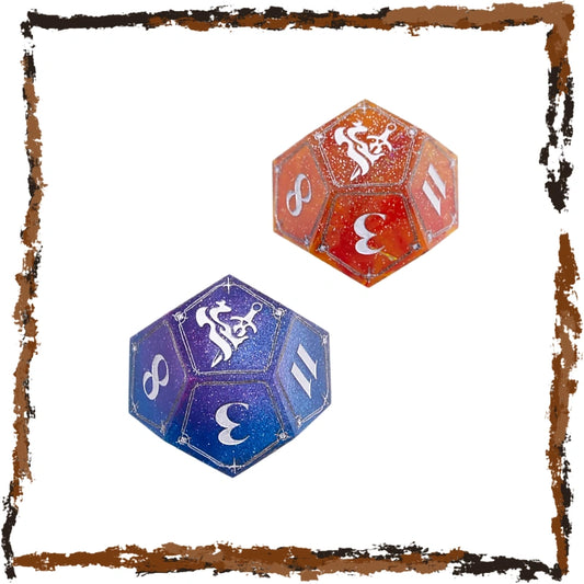 Two 20-sided d20 dice, one orange-red and one blue-purple, both with silver glitter texture and white Daggerheart symbols, displayed on a white background with a rustic brown frame.
