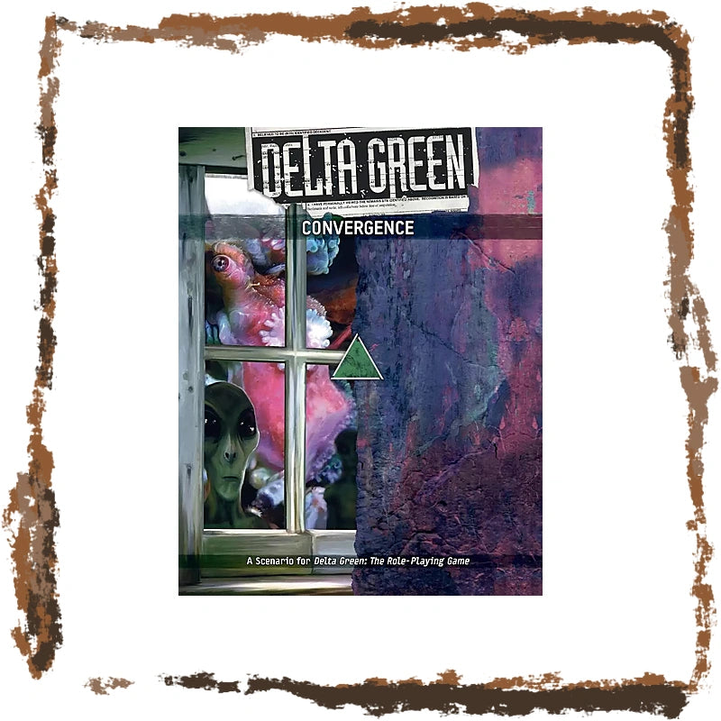 Front cover of Delta Green: Convergence, a scenario for Delta Green: The Role-Playing Game, showing a grey alien peering through a farmhouse window beside a pink fleshy creature.