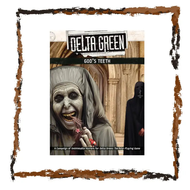 Cover of 'Delta Green: God's Teeth' with a character in a hooded robe and another figure in the background.