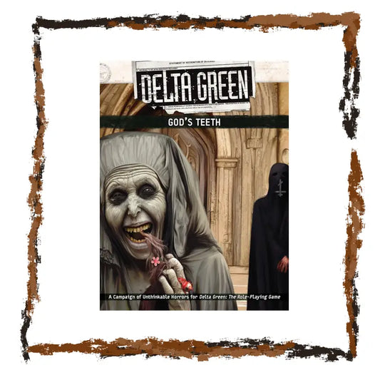 Cover of 'Delta Green: God's Teeth' with a character in a hooded robe and another figure in the background.