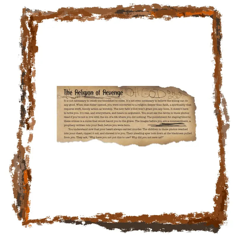 Text document titled 'The Religion of Revenge' with a brown border on a white background