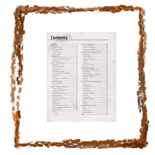 Contents page with a brown decorative border on a white background