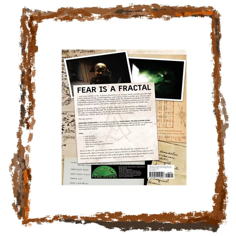 Product packaging with text 'Fear is a Fractal' and images of a person and a green light, framed with a brown border.