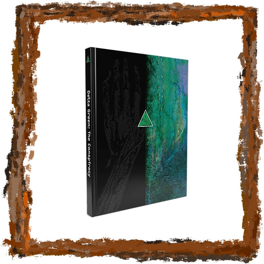 Hardcover of Delta Green: The Conspiracy by Arc Dream Publishing, a black cover with an embossed skeletal hand on the left, a green Delta Green triangle in the centre and a green and blue mineral texture on the right.