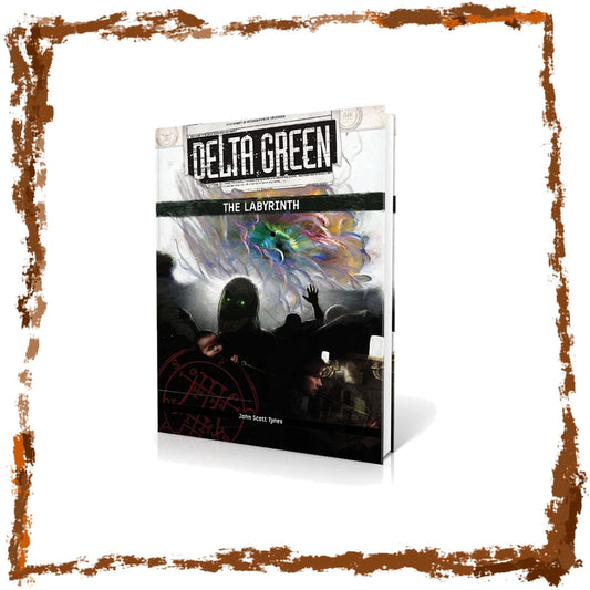 The Labyrinth: Delta Green tabletop roleplaying game box set, featuring a dark fantasy cover with a hooded figure and a glowing multicolored wing-like form, shown on a white background with a distressed brown border.