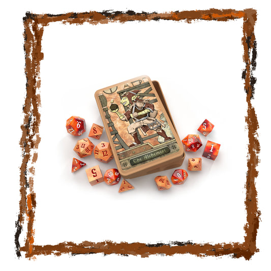 Metal dice box with character illustration surrounded by colorful dice on a white background