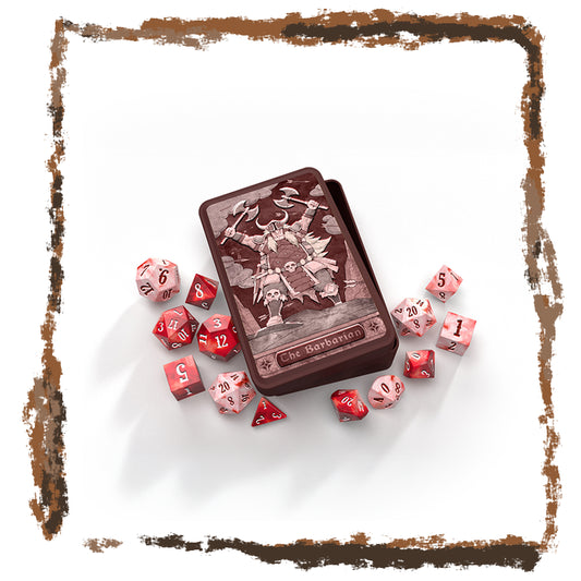 Dice set with decorative box labeled 'The Barbarian' on a white background