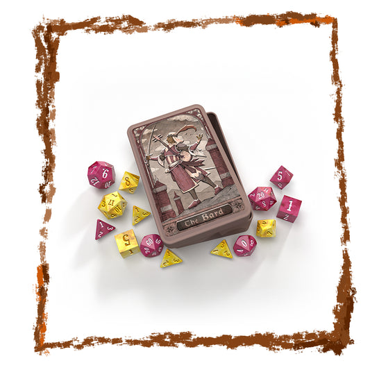 Box with a character illustration surrounded by polyhedral dice on a white background