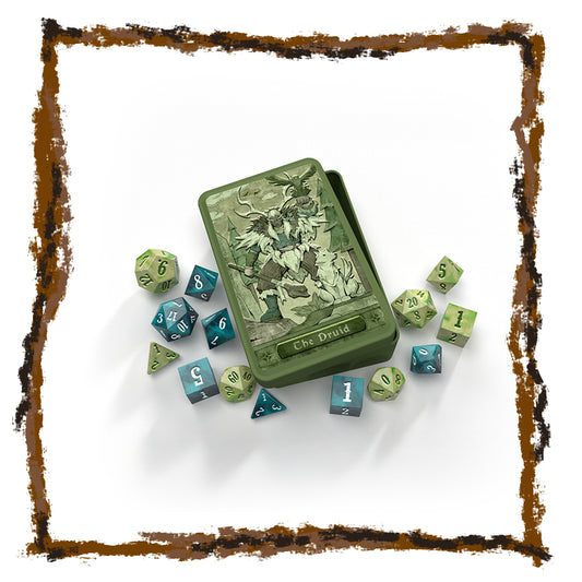 Green and blue dice set with a decorative box labeled 'The Druid' on a white background.