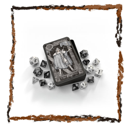 Dice set with 'The Fighter' character illustration on a white background