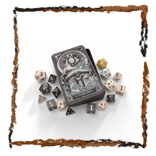 Collection of dice and a dice box with intricate design on a white background