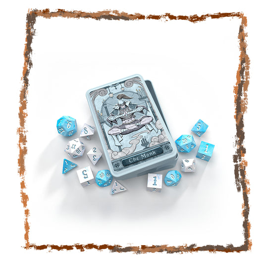 Card game box with dice set on a white background