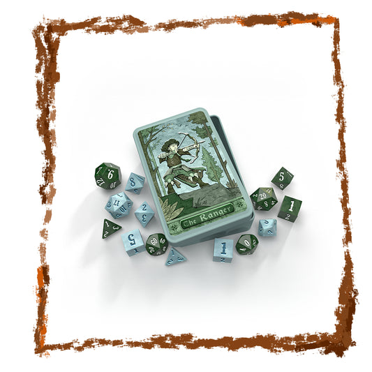 Dice set with 'The Ranger' tin box and dice on a white background