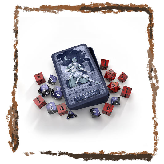 Dice set with a tarot card-style box featuring a character labeled 'The Rogue' on a white background.