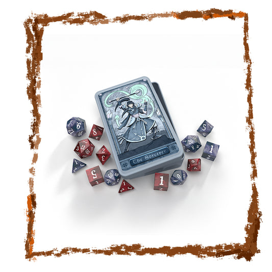Card with fantasy artwork surrounded by polyhedral dice on a white background