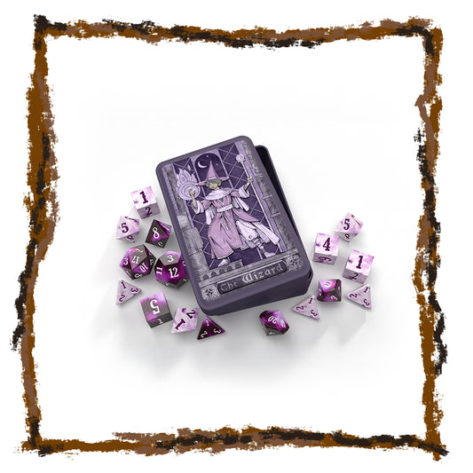 Purple dice set with a tarot card design on a white background