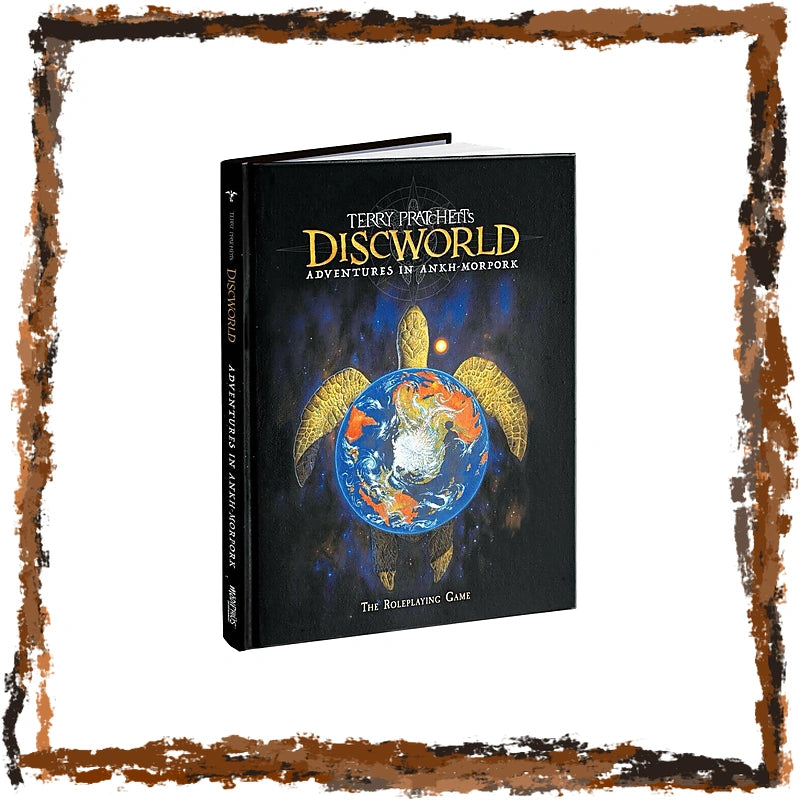 The Boardwarping Game: Terry Pratchett's Discworld Adventures in Aliknorfolk book, featuring a dark fantasy cover with a golden turtle carrying the Earth, displayed on a white background with a rustic brown frame.
