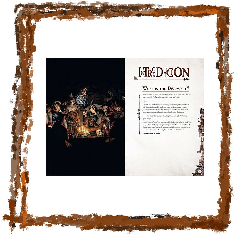 A dark fantasy illustration on the left and text panels on the right, framed by a rustic brown border on a white background.