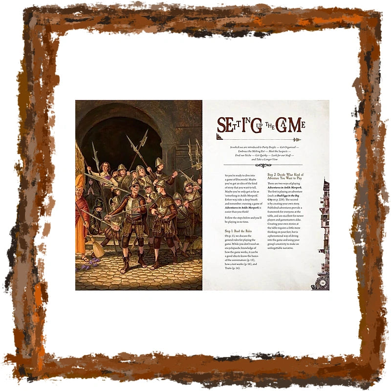 A square printed art piece or poster with a rustic distressed brown border, featuring a historical illustration on the left and text sections titled 'SETTING THE GAME' on the right, all centered on a white background.