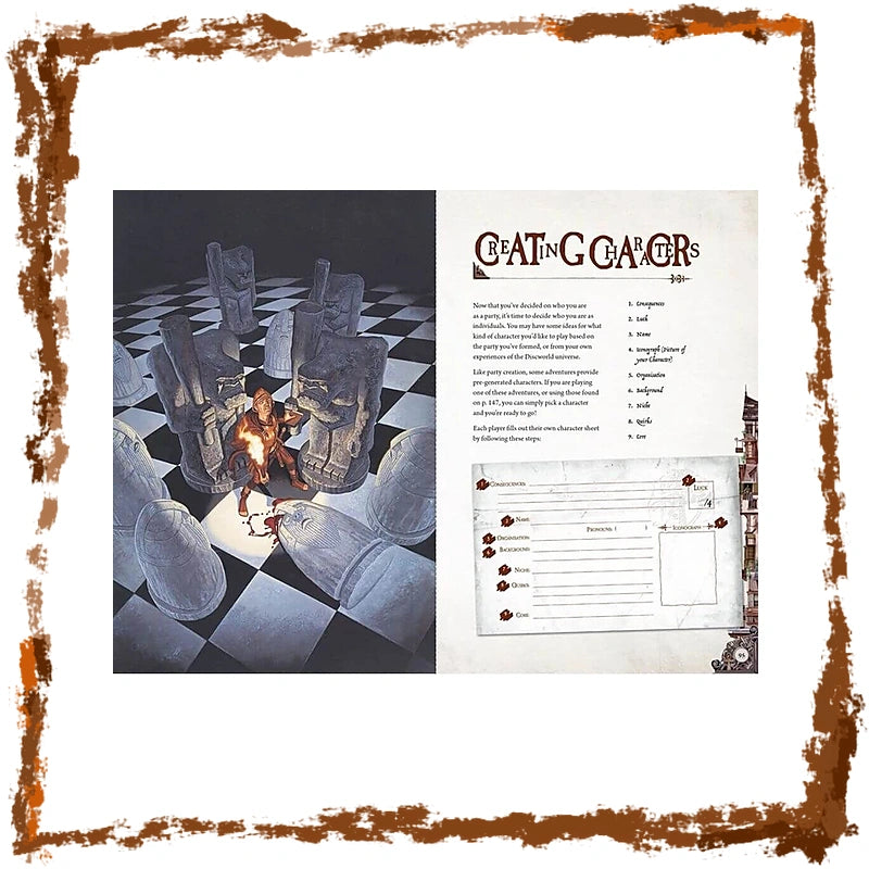 A printed card or booklet page titled 'Creating Characters' with fantasy artwork showing a seated figure among oversized stone-like objects on a black-and-white checkered floor, plus text and a game board layout on the right. The page is centered on a white background with a distressed brown border around the edges.
