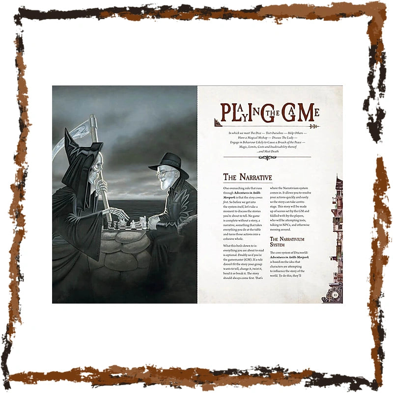 The front and back of a 'Playing for the Game' tabletop RPG rulebook are displayed side-by-side on a white background with a rustic brown border. The left page features a dark, moody illustration of a grim reaper and a wizard, while the right page displays the title 'PLAYING FOR THE GAME' and various rules text sections.