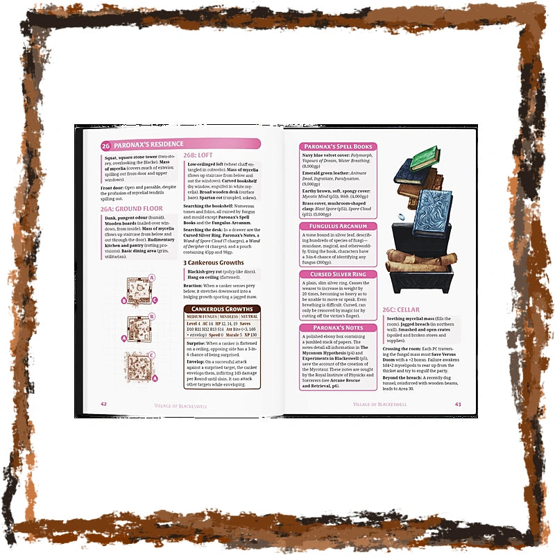 An open printed booklet or guide spread showing two pages with text sections, small maps, and a small illustration of stacked books on a shelf. The pages are centered on a white background with a rustic brown textured border around the edges.