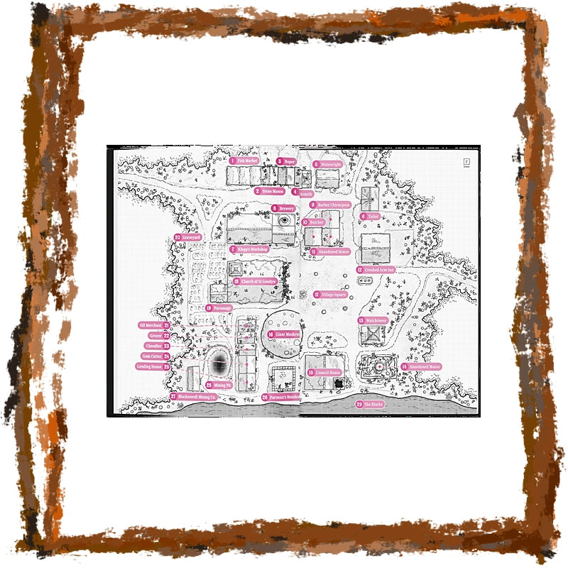 A black and white illustrated map or poster print with pink labeled callouts, centered on a white background and surrounded by a distressed rust-brown textured border.