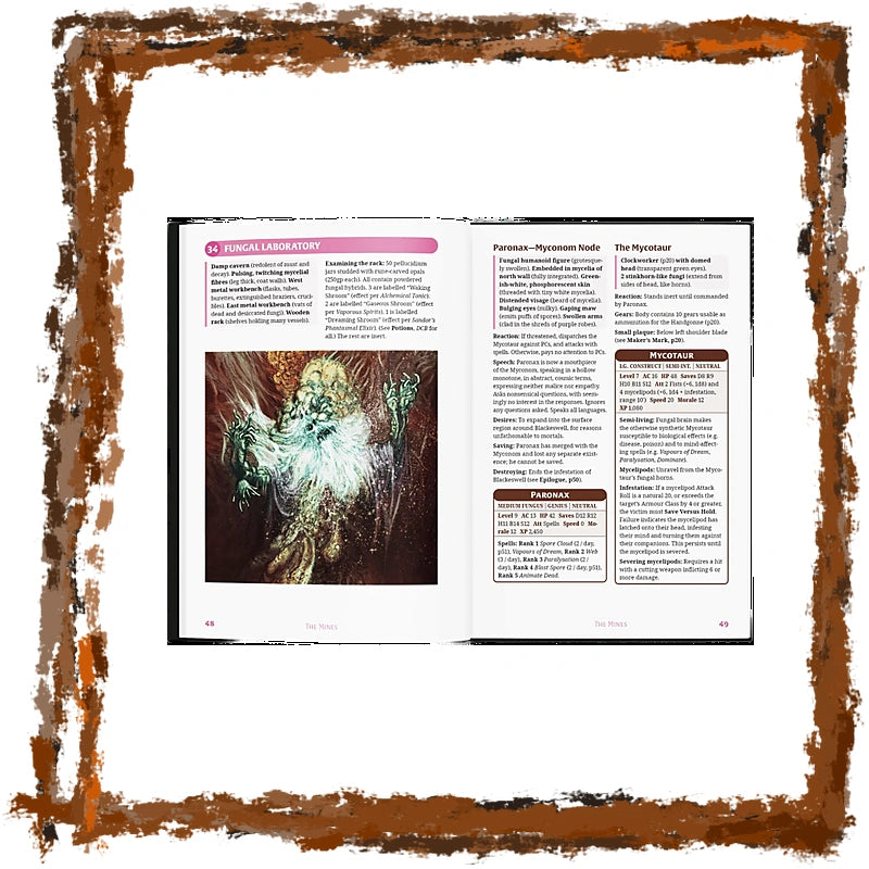 An open book spread showing printed text columns and a central fantasy illustration of a glowing figure in a dark scene. The book is photographed against a white background with a rough brown painted border around the edges.