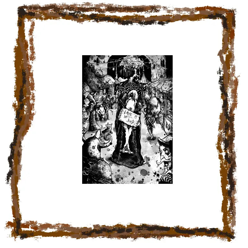 Black and white illustration with a brown border