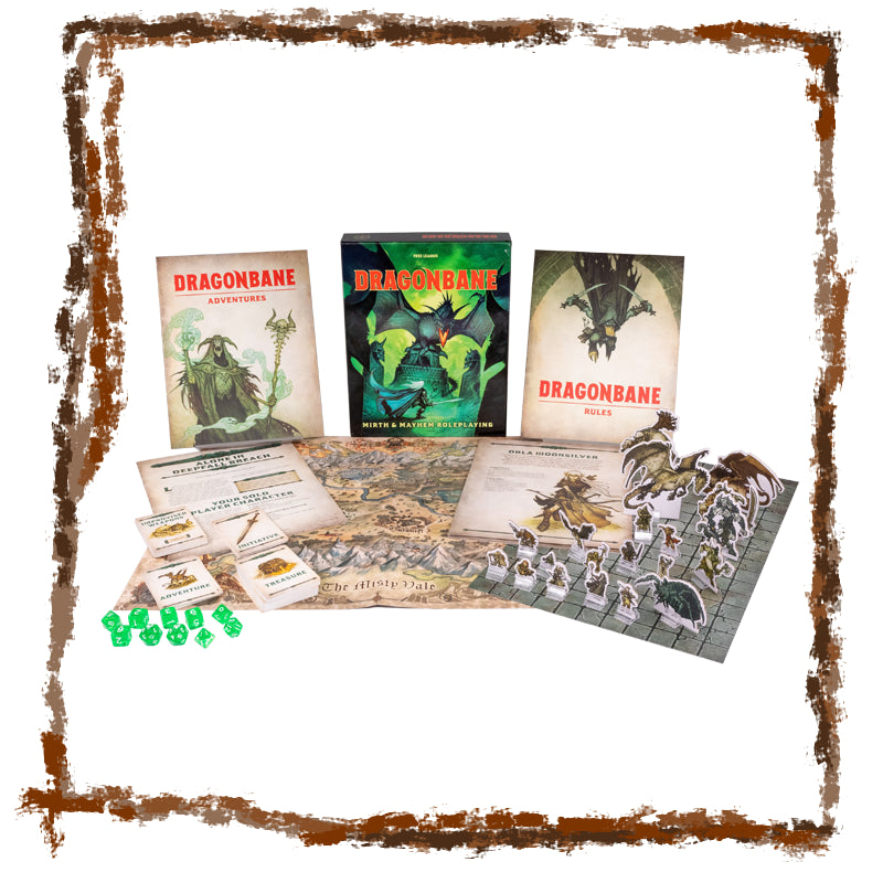 Dragonbane tabletop game components including books, maps, and miniatures on a white background.
