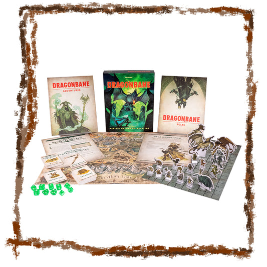 Dragonbane tabletop game components including books, maps, and miniatures on a white background.
