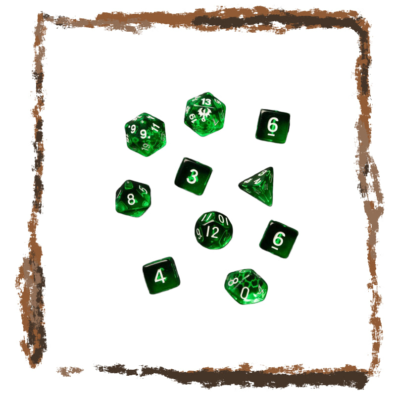 Green dice with different numbers on a white background with a brown border