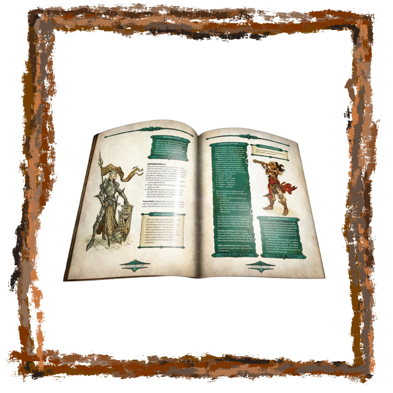 Open book with illustrations and text on a white background
