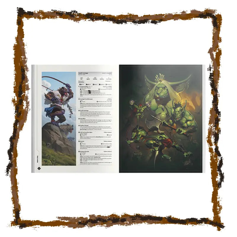 Illustrated book or magazine open to a page with fantasy artwork of a green creature and a character on a mountain.