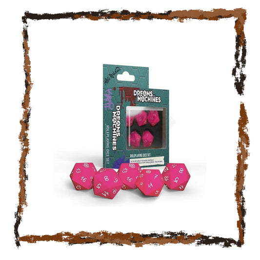 Pink polyhedral dice set with packaging labeled 'Dreams of Machines' on a white background.