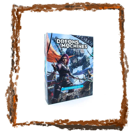 Board game box titled 'Dreams Machines' with a character illustration on a white background.