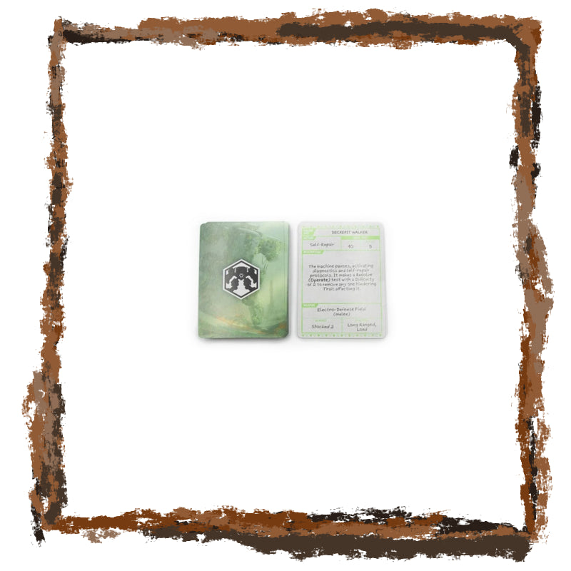 Two trading cards with a green and white design on a white background, framed by a brown border.