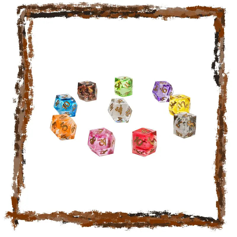 Colorful dice set on a white background with a brown decorative border.