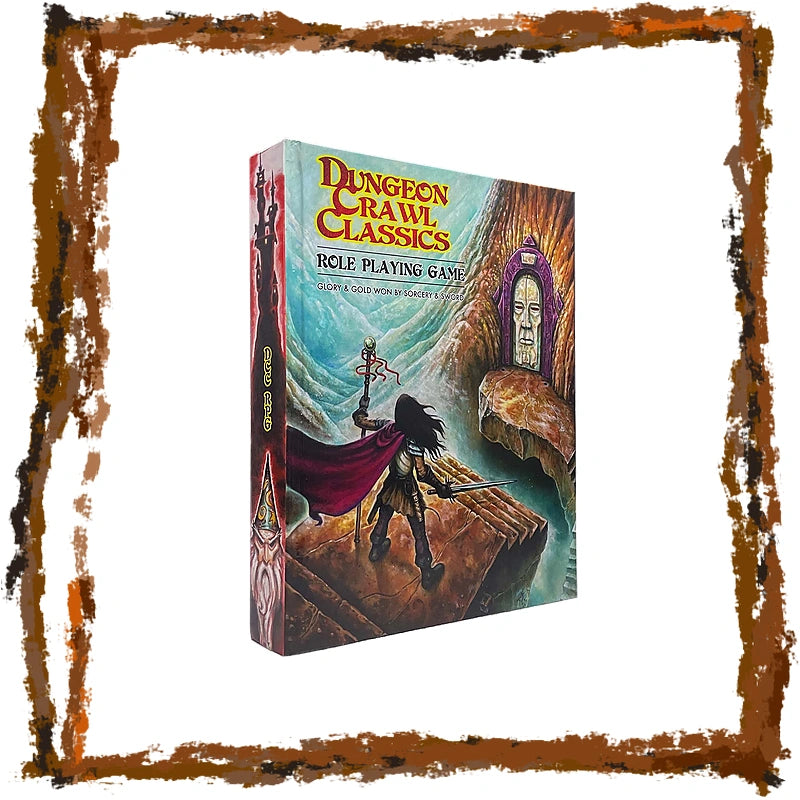 Dungeon Crawls Classics Role Playing Game box set shown at a three-quarter angle against a white background with a rustic brown frame border.