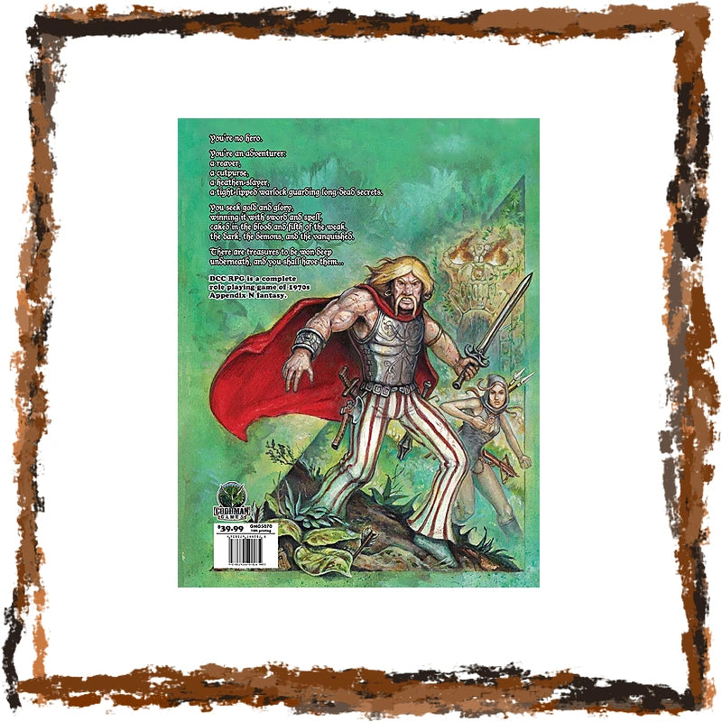 The back cover of a comic book, featuring an illustration of a blonde warrior holding a sword and a red cape against a green background, surrounded by a distressed brown frame on a white background.