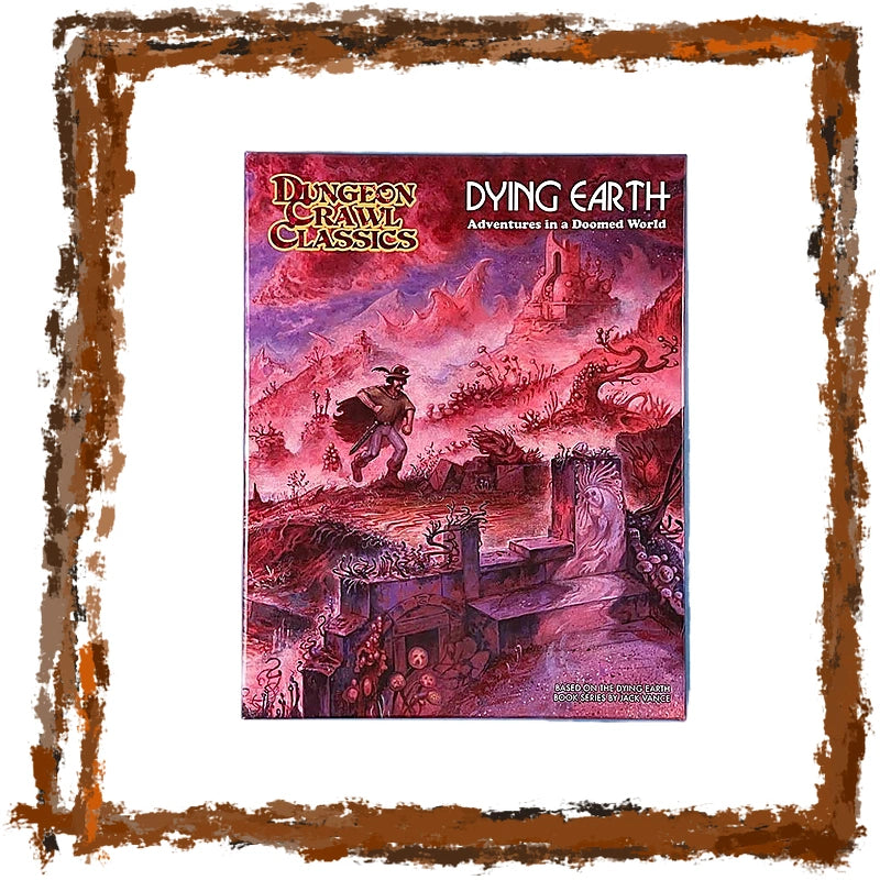 Dungeon Crawl Classics: Dying Earth Adventures in a Deleted World box set cover, featuring a fantasy illustration in red, pink, and purple tones, presented with a rustic brown frame on a white background.