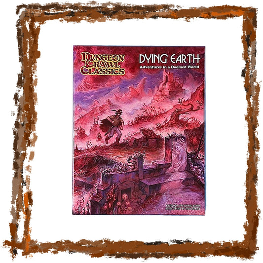 Dungeon Crawl Classics: Dying Earth Adventures in a Deleted World box set cover, featuring a fantasy illustration in red, pink, and purple tones, presented with a rustic brown frame on a white background.