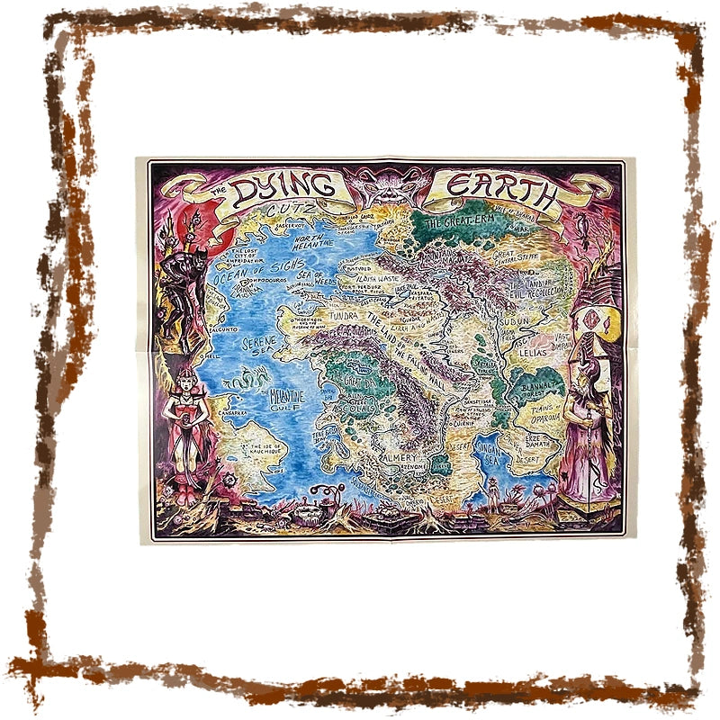 A fantasy world map poster titled 'DYING EARTH' featuring colorful illustrated continents, oceans, and decorative border characters, centered on a white background with a distressed brown frame.