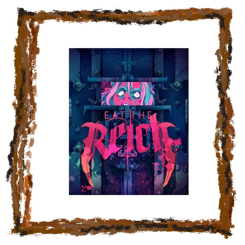 Artistic cover with stylized text and character design, framed with a textured border.