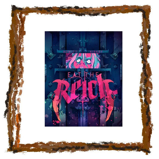 Artistic cover with stylized text and character design, framed with a textured border.