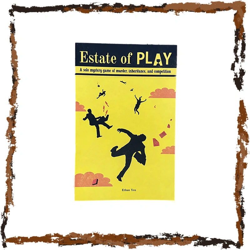 The book cover of 'Estate of PLAY' by Ethan Yun, featuring a bright yellow background with black silhouettes of people falling and a dark blue header. The book is centered on a white background with a rustic, distressed brown border.