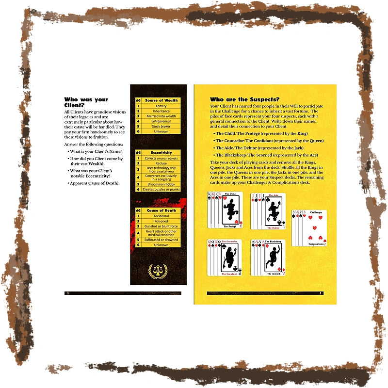 A printed informational sheet or booklet page with text blocks, small cards, and a yellow reference panel, surrounded by a decorative brown border. The page appears to explain game or puzzle rules rather than show a standalone retail product in a standard product photo.