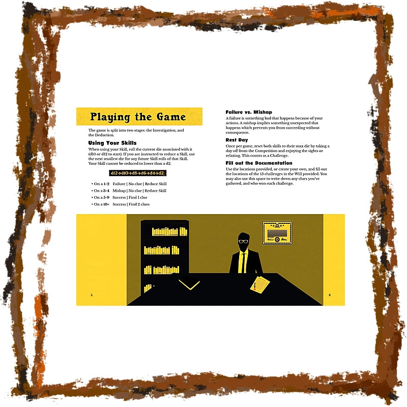 A printed informational poster or booklet page with a distressed brown border, featuring the heading 'Playing the Game,' body text, and a yellow-and-black illustrated scene near the bottom.