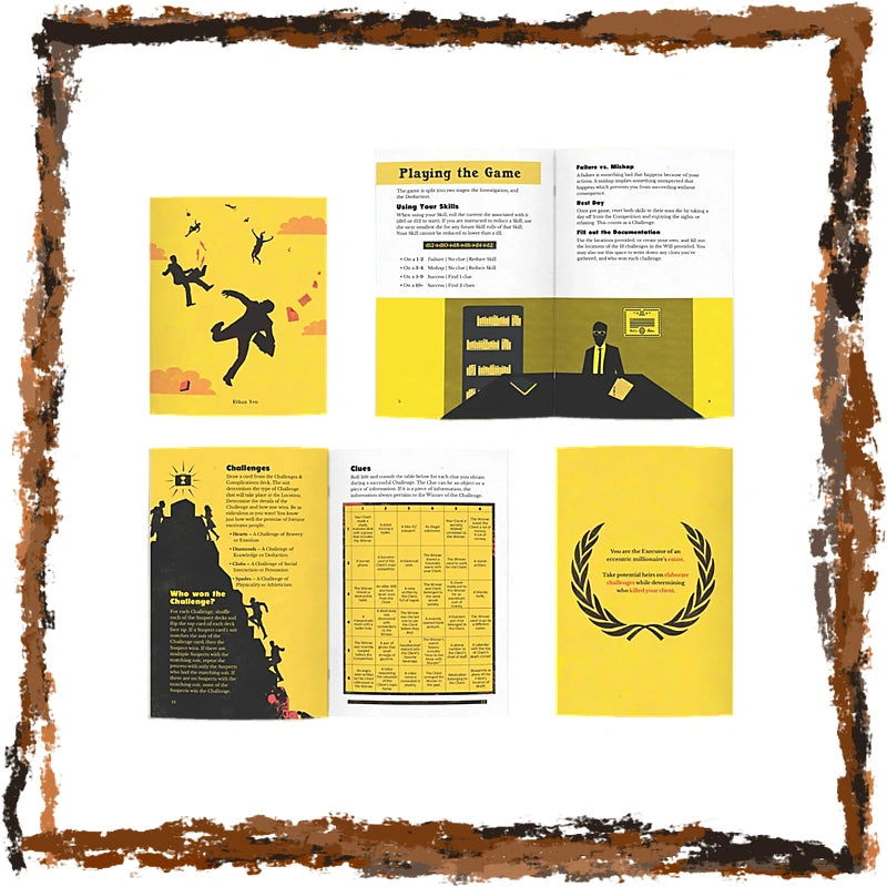A set of printed game board components and instruction sheets laid out on a white background with a distressed brown border. The set includes a yellow and black game board, an open instruction booklet showing rules, a player tracker card, a challenge card, and a laurel wreath emblem sheet.