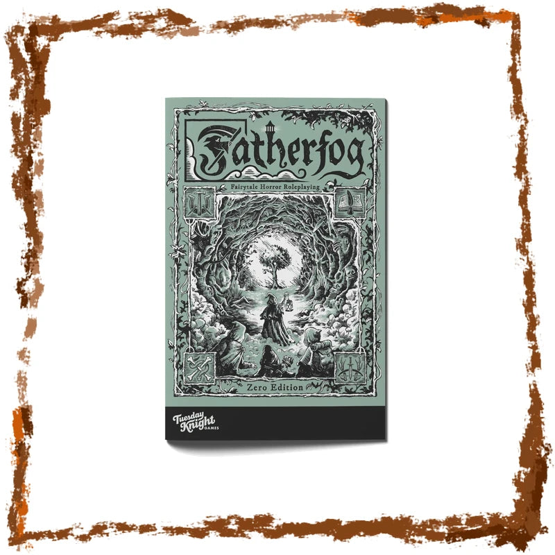 A book centered on a white background with a distressed brown border. The front cover reads 'Fatherfog' in ornate gothic lettering and shows a dark fantasy illustration in muted green-gray and black.